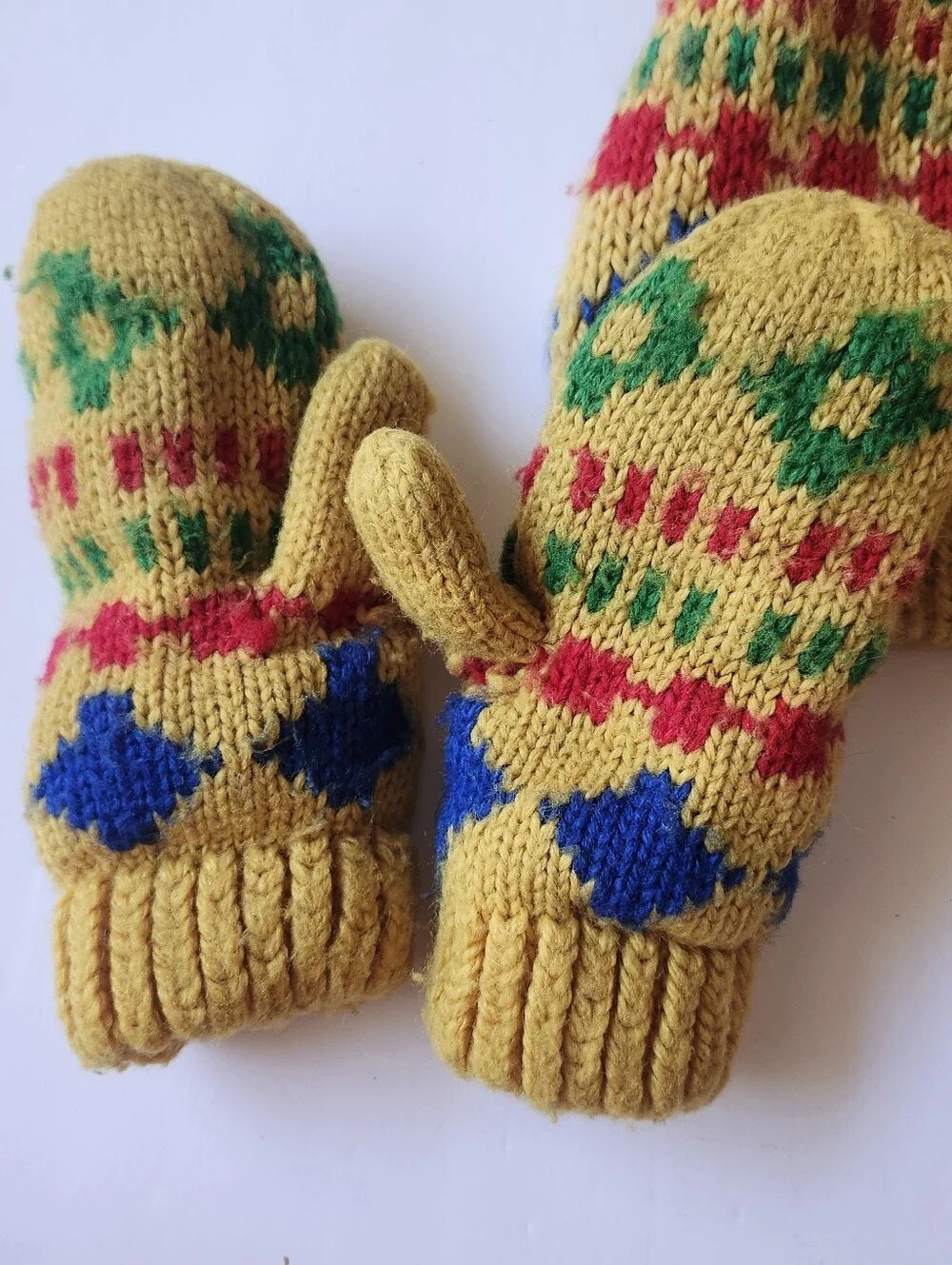Yellow Knit Pom Pom Hat and Mittens Set for Kids -Pattern Made In JAPAN